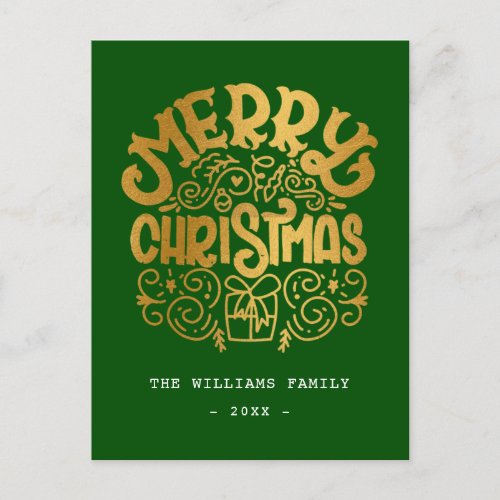 Luxury Gold Foil Ornamental Merry Christmas Green Holiday Postcard