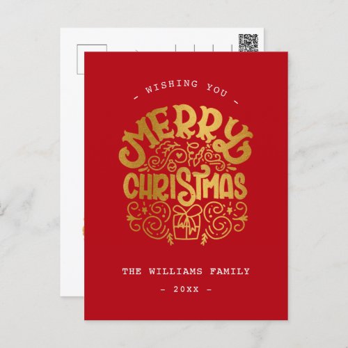 Luxury Gold Foil Ornamental Merry Christmas Red Holiday Postcard