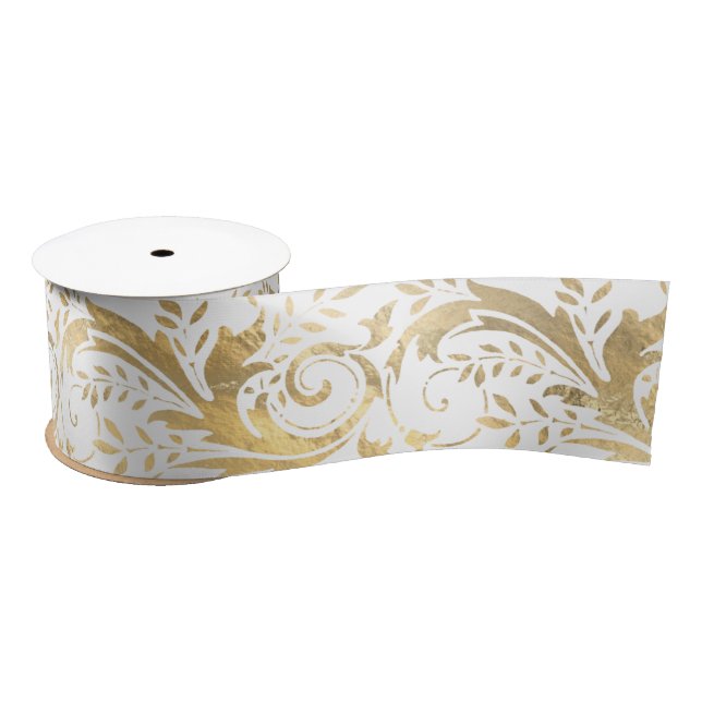 Luxury Gold Foil Ornate Floral Pattern Satin Ribbon (Spool)