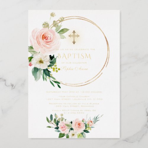 Luxury GOLD FOIL Pink Floral Baptism Foil Invitation