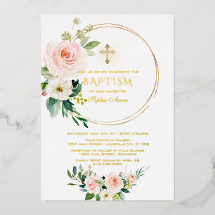 Luxury GOLD FOIL Pink Floral Baptism Invitation