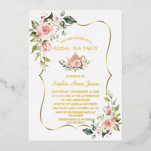 Luxury GOLD FOIL Pink Floral Bridal Tea Party Foil Invitation