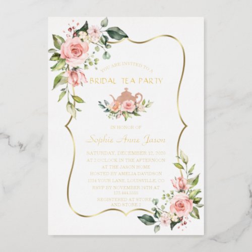 Luxury GOLD FOIL Pink Floral Bridal Tea Party Foil Invitation