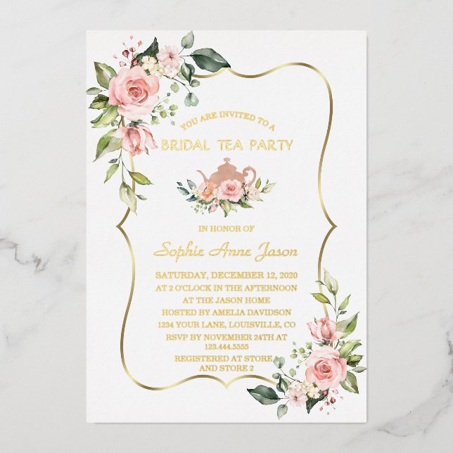 Luxury GOLD FOIL Pink Floral Bridal Tea Party Invitation (Front)