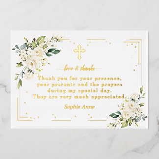 Luxury Gold Foil White Flowers Baptism Thank You Invitation