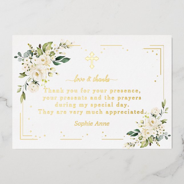 Luxury Gold Foil White Flowers Baptism Thank You Invitation (Front)