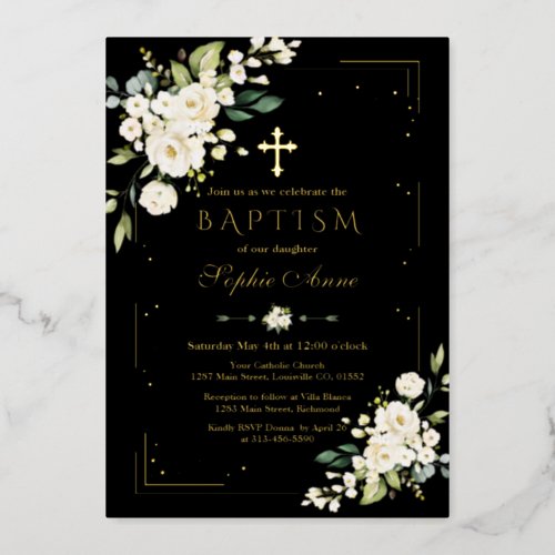 Luxury GOLD FOIL White Flowers Black Baptism Foil Invitation