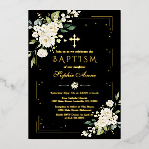 Luxury GOLD FOIL White Flowers Black Baptism Invitation