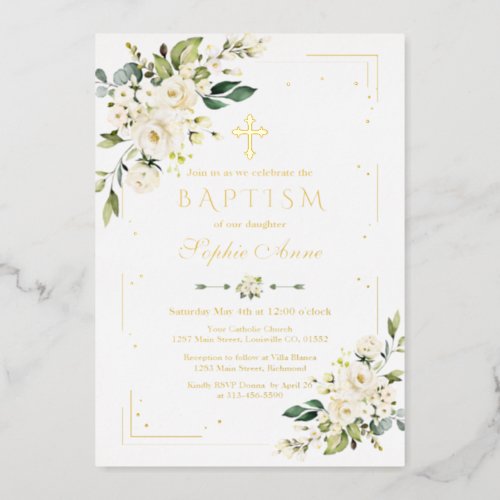 Luxury GOLD FOIL White Flowers Girl Baptism Foil Invitation