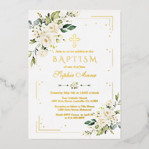 Luxury GOLD FOIL White Flowers Girl Baptism Invitation