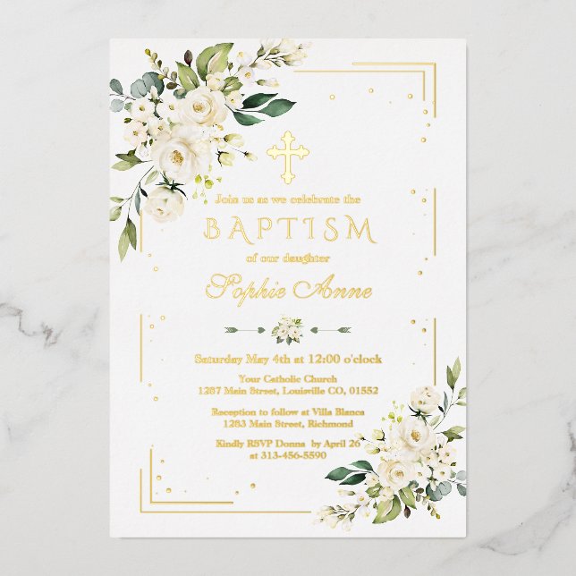Luxury GOLD FOIL White Flowers Girl Baptism Invitation (Front)