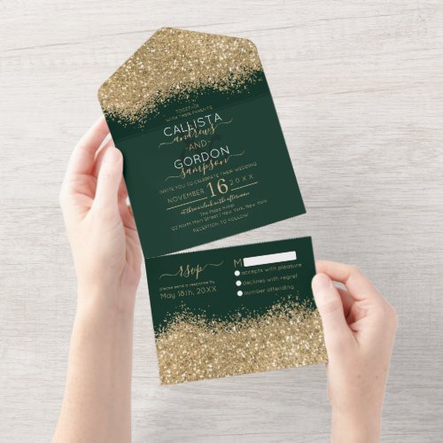 Luxury Gold Forest Green Glitter Confetti Wedding All In One Invitation