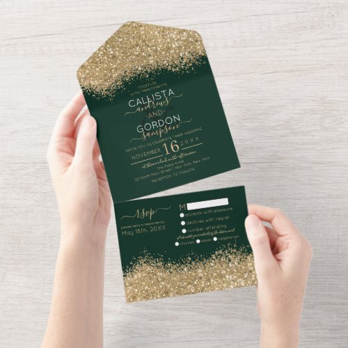 Luxury Gold Forest Green Glitter Confetti Wedding  All In One Invitation