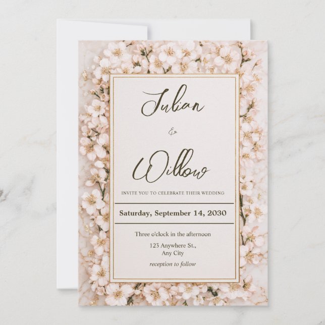 Luxury Gold Frame Cherry Blossom Marble Wedding Invitation (Front)