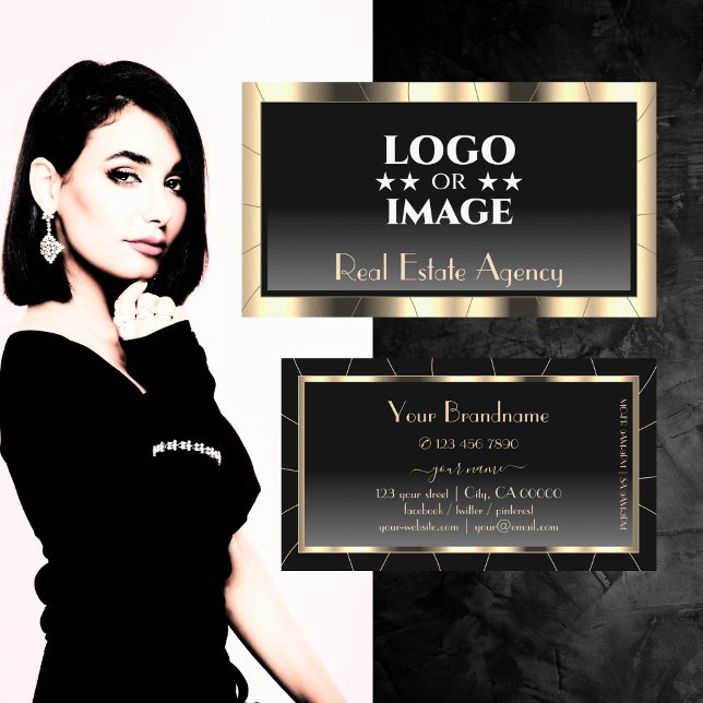 Luxury Gold Frame Dark Gradient Glamour with Logo Business Card (Creator Uploaded)