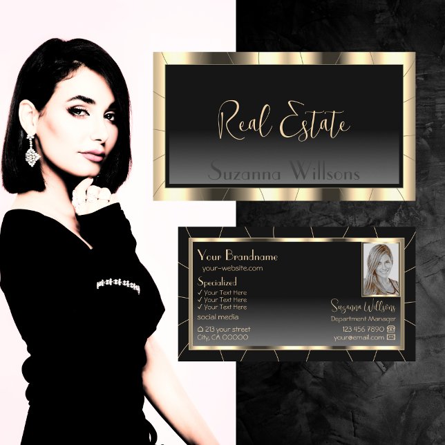 Luxury Gold Frame Dark Gradient Stylish with Photo Business Card (Creator Uploaded)