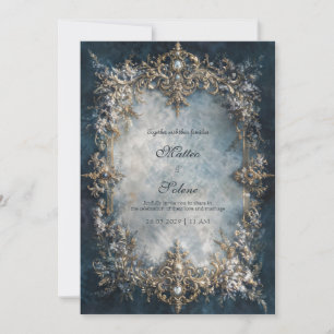 Luxury Gold Frame Dark Teal Floral Baroque Wedding Invitation