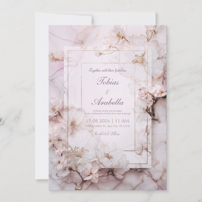 Luxury Gold Frame Ethereal Pink Marble Wedding Invitation (Front)