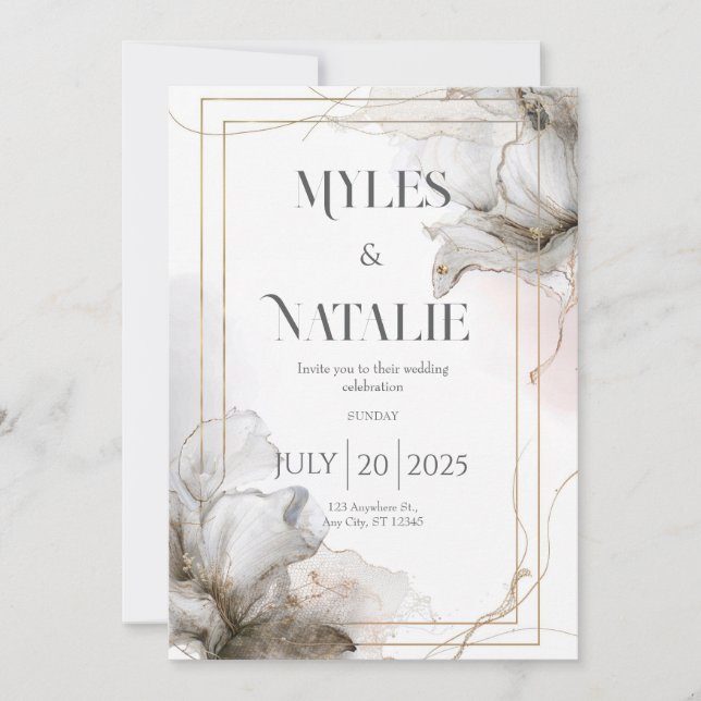 Luxury Gold Frame Gray Floral Ethereal Wedding Invitation (Front)