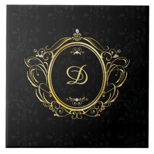 Luxury gold frame monogram black damask back ceramic tile