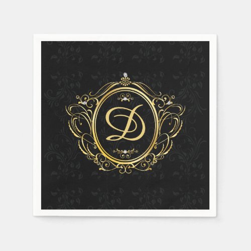 Luxury Gold frame Monogram Black Damask back Napkins