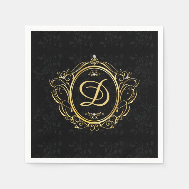 Luxury Gold frame Monogram Black Damask back Napkins (Front)