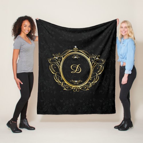 Luxury Gold frame Monogram with black damask back Fleece Blanket