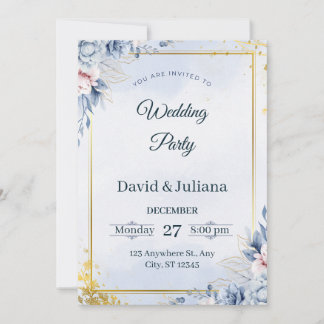 Luxury Gold Frame Navy Blue Floral Wedding Invitat Invitation