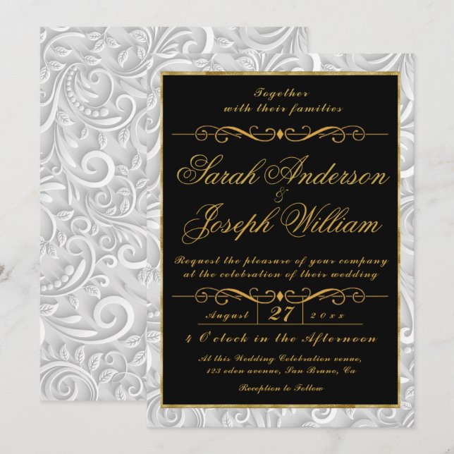 Luxury Gold Frame & Texture Nordic Flower Wedding  Invitation (Front/Back)
