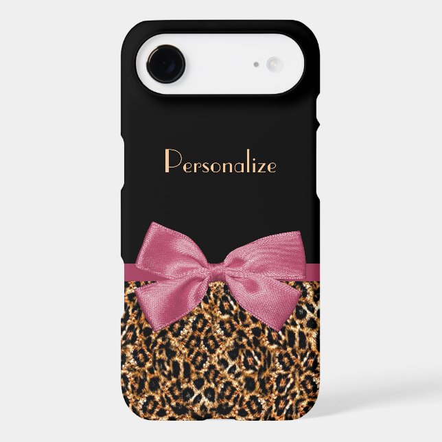 Luxury Gold Fur Leopard Print Mauve Bow With Name Case-Mate iPhone Case (Back)