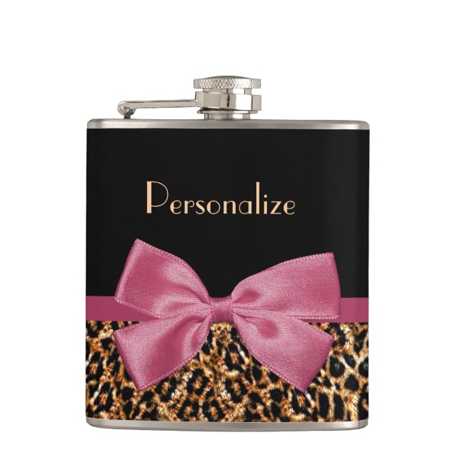 Luxury Gold Fur Leopard Print Mauve Bow With Name Flask (Front)