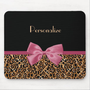 Luxury Gold Fur Leopard Print Mauve Bow With Name Mouse Pad
