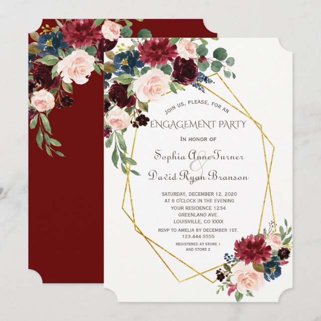 Luxury Gold Geometric Burgundy Floral Engagement Invitation (Front/Back)
