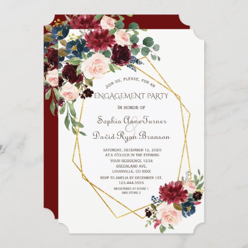 Luxury Gold Geometric Burgundy Floral Engagement Invitation