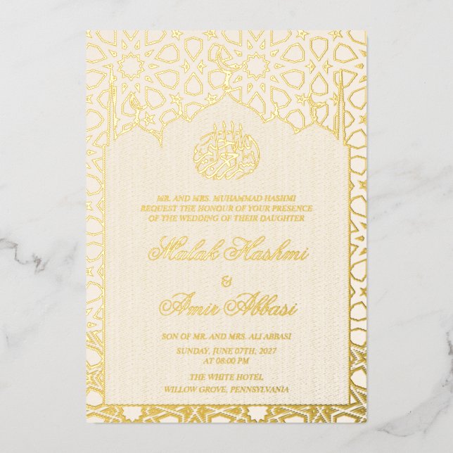 Luxury Gold geometric Islamic Muslim Wedding Foil Invitation (Front)