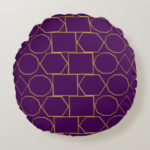 Luxury Gold Geometric on Royal Purple Round Pillow