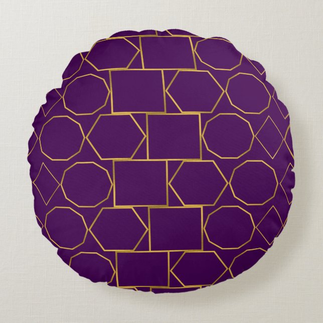 Luxury Gold Geometric on Royal Purple Round Pillow (Front)