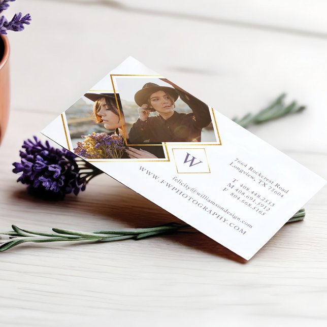 Luxury Gold Geometric Photo Frame & Monogram Business Card (Minimal Gold Geometric Photo Frame & Monogram Business Card)