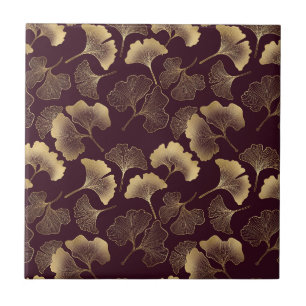 Luxury Gold Ginkgo Burgundy Ceramic Tile