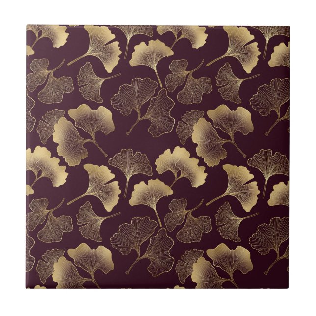 Luxury Gold Ginkgo Burgundy Ceramic Tile (Front)