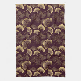 Luxury Gold Ginkgo Burgundy Kitchen Towel
