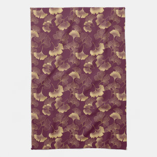Luxury Gold Ginkgo Burgundy Kitchen Towel