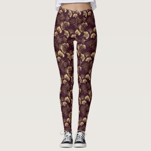 Luxury Gold Ginkgo Burgundy Leggings