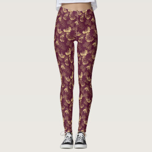 Luxury Gold Ginkgo Burgundy Leggings