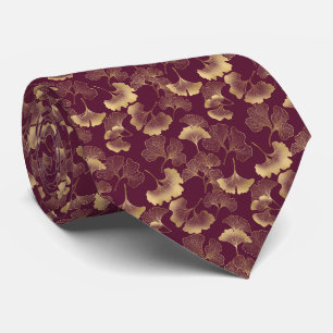 Luxury Gold Ginkgo Burgundy Neck Tie