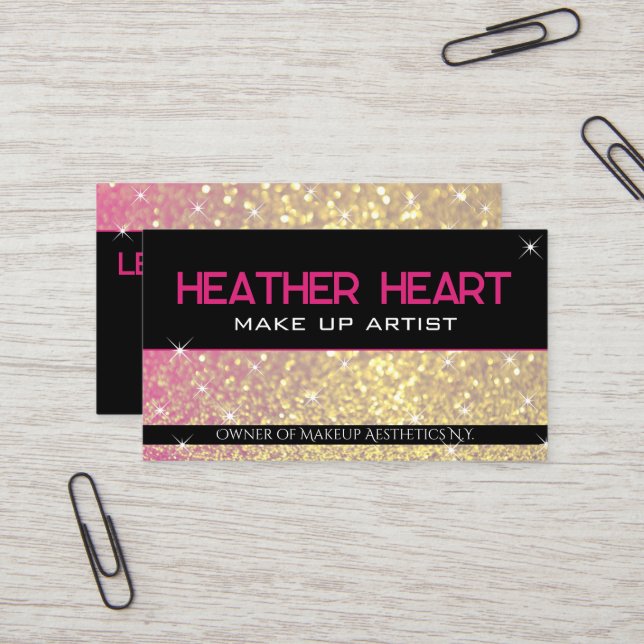Luxury Gold Girly Neon Pink Black Glitter Glam  Business Card (Front/Back In Situ)