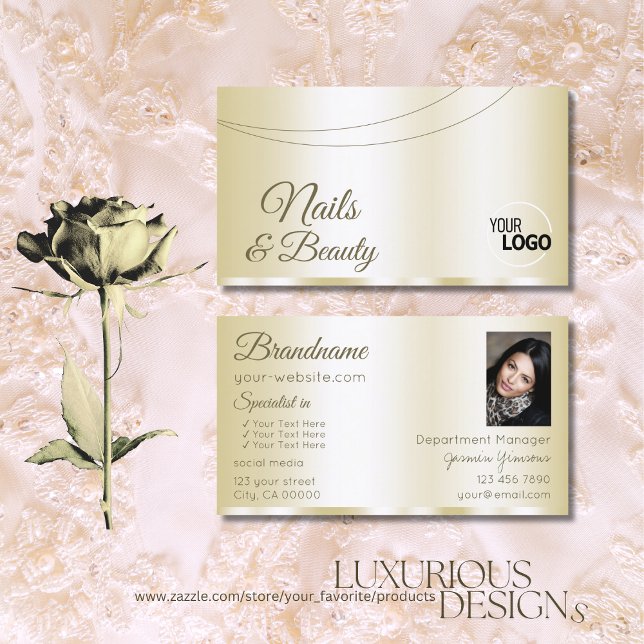 Luxury Gold Glamorous with Logo and Photo Stylish Business Card (Creator Uploaded)