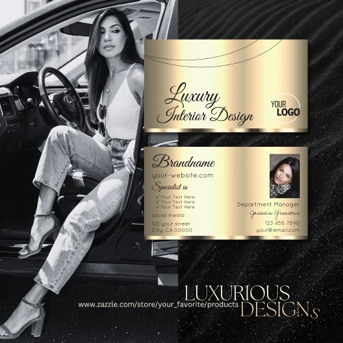Luxury Gold Glamorous with Logo and Photo Stylish Business Card