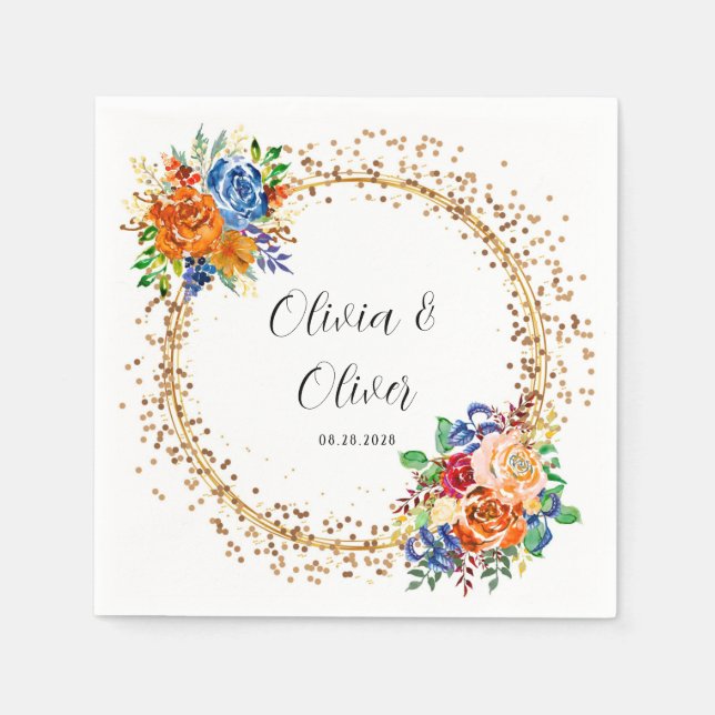 Luxury Gold Glitter and Blue Orange Floral Wedding Napkins (Front)