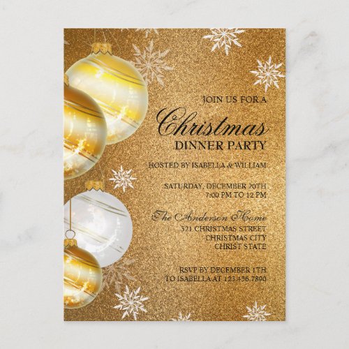 Luxury Gold Glitter Baubles Christmas Invitation Postcard